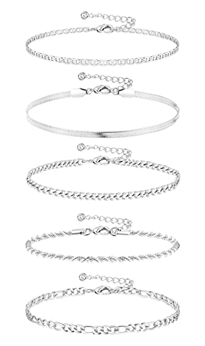 CASSIECA 5 Stücke Silber Fußkettchen für Damen Boho Fussketten für Frauen Mädchen Strand Knöchel Mehrschichtige Armbänder Boho Knöchel Ketten Verstellbare Sommer Strand Fußschmuck-1 von CASSIECA