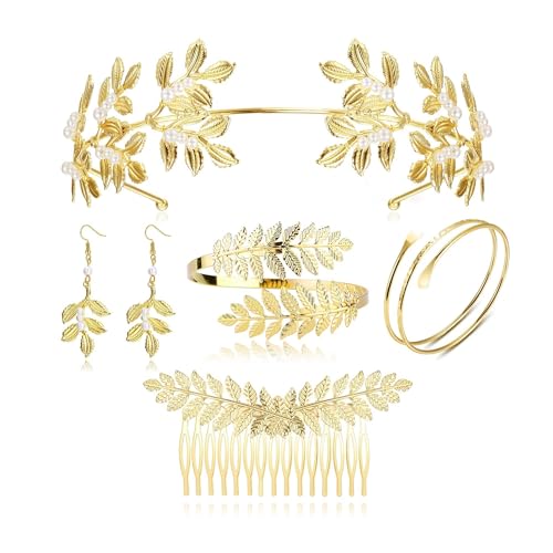 CASSIECA 5 Stücke Griechische Göttin Kostüm Schmuck Set Gold Hochzeit Brautschmuck Lorbeerkranz Haarspange Armband Oberarmreif Ohrringe Haarreif Set Boho Blatt Haar Krone Accessories Damen von CASSIECA