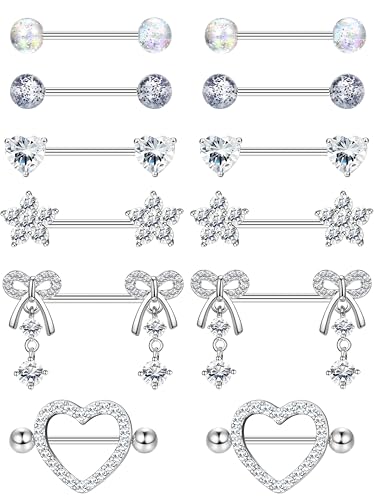 CASSIECA 6 Paar 14G Nippelpiercing Zungenpiercing Chirurgenstahl für Damen Brustwarzenpiercing Herz Nippel Ringe Blume Bogen Nippel Bars mit Silber CZ-Anhänger Barbell Piercing Körperschmuck Set CASSIECA 6 Paar 14G Nippelpiercing Zungenpiercing Chirurgenstahl für Damen Brustwarzenpiercing Herz Nippel Ringe Blume Bogen Nippel Bars mit Silber CZ-Anhänger Barbell Piercing Körperschmuck Set von CASSIECA