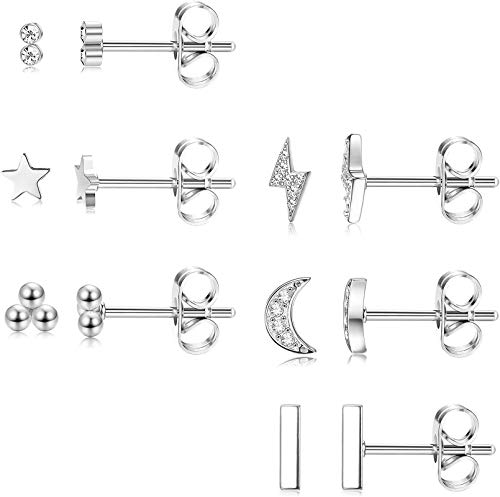 CASSIECA 6 Paar 925 Sterling Silber Ohrstecker Set für Damen Herren Stern Mond Kugel Kleine Ohrringe CZ Ohrstecker Brillant Zirkonia Schmuck für Mädchen Kinder als Geschenke von CASSIECA