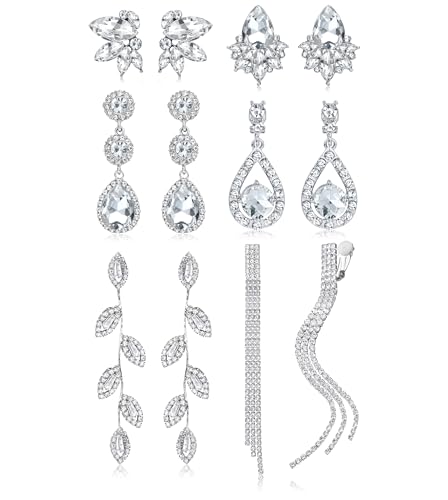 CASSIECA 6 Paare Clip Ohrringe für Damen Silber Hängend Strass Quaste Non-piercing für Bräute Brautjungfern Brillant Diamant Baumeln Non Pierced Schmuck Stil 1 von CASSIECA