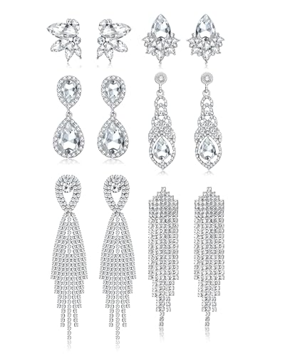 CASSIECA 6 Paare Clip Ohrringe für Damen Silber Hängend Strass Quaste Non-piercing für Bräute Brautjungfern Brillant Diamant Baumeln Non Pierced Schmuck Stil 3 von CASSIECA