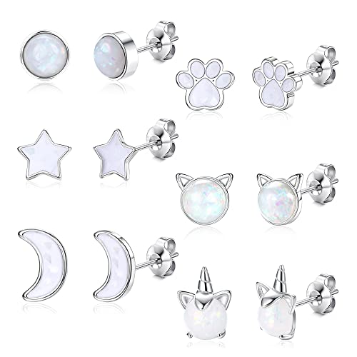 CASSIECA 6 Paar Ohrstecker 925 Sterling Silber Mädchen Ohrschmuck Medizinische Ohrstecker Herz Blume Ohrringe Opal Kommunion Geburtstag Geschenke Weihnachten für Mädchen in Schmuck Geschenk Box von CASSIECA