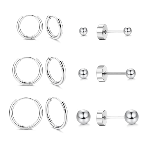 CASSIECA 6 Paar Titan Creolen Ohrstecker Set für Damen Herren, Ohrringe aus G23 Reinem Titan, Hypoallergener Kleiner Creolen Winzige Kugeln, Flache Rückseite, Knorpel, Helix Lappen Piercing Schmuck von CASSIECA