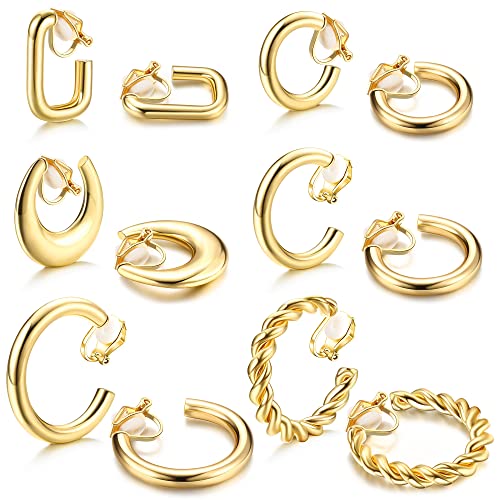 CASSIECA 6 Paare Clip Ohrringe für Damen Frauen Gold Hypoallergen Chunky Creolen Ohrclips Ohne Ohrlöcher Klips Ohrringe Set Modeschmuck Geschenk von CASSIECA