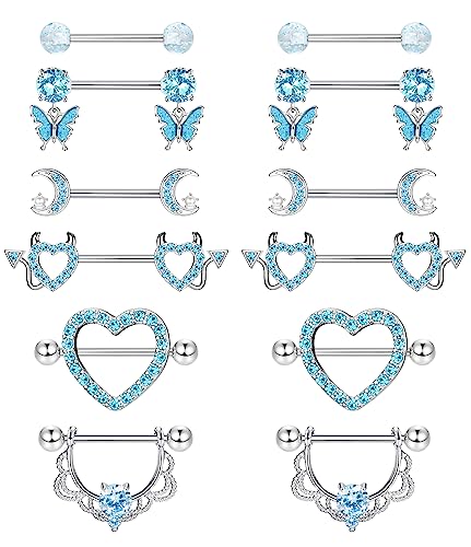 CASSIECA 6 Paar 14G Nippelpiercing Chirurgenstahl Blau Brustwarzenpiercing Zungenpiercing Edelstahl Nippel Piercing Schmetterling Herz Barbell Piercing Körperschmuck Set für Frauen Mädchen von CASSIECA