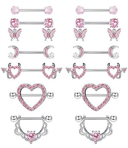 CASSIECA 6 Paar 14G Nippelpiercing Chirurgenstahl Rosa Brustwarzenpiercing Zungenpiercing Edelstahl Nippel Piercing Schmetterling Herz Barbell Piercing Körperschmuck Set für Frauen Mädchen von CASSIECA