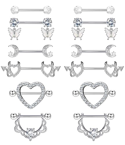 CASSIECA 6 Paar 14G Nippelpiercing Chirurgenstahl Silber Brustwarzenpiercing Zungenpiercing Edelstahl Nippel Piercing Schmetterling Herz Barbell Piercing Körperschmuck Set für Frauen Mädchen von CASSIECA