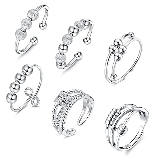 CASSIECA 6 Pcs Angst Spinnerei Ring mit Perlen für Frauen Männer Fidget Ringe für Angst dünne Stapelbar Ringe Stress Entlastungsring Spinner Ring Retro Einstellbare Band Ringe Ängstlichkeit Entlastung von CASSIECA