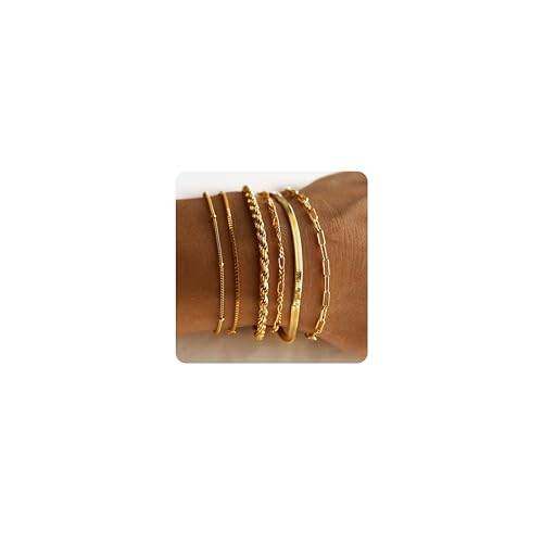 CASSIECA 6Pcs Armband Damen Gold Ketten Armbander für Damen Mädchen Armkette Figaro Cuban CZ Fischgrätenkette Kettenarmbänder Verstellbar Modeschmuck Armbander Set mit Schmuckkästchen von CASSIECA