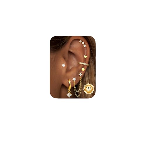 CASSIECA 7 Paar Ohrringe Gold Set, 316L Chirurgenstahl Ohrringe für Damen Medizinische Ohrstecker Ketten Creolen für Mehrfachpiercing 14K Vergoldet Ohrringe Hängend Helix Tragus Piercing Ohr Gold von CASSIECA