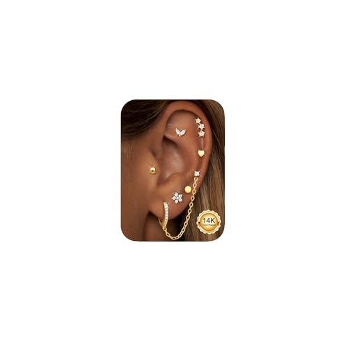 CASSIECA 7 Paar Ohrringe Gold Set, 316L Chirurgenstahl Ohrringe für Damen Medizinische Ohrstecker Ketten Creolen für Mehrfachpiercing 14K Vergoldet Ohrringe Hängend Helix Tragus Piercing Ohr Gold von CASSIECA