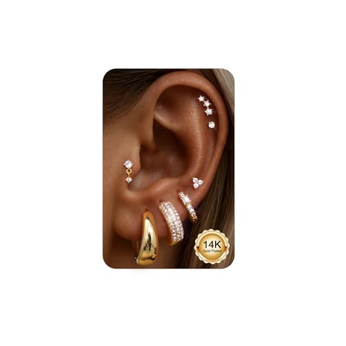 CASSIECA 7Paar Ohrringe Gold Damen Chirurgenstahl Creolen Ohrstecker Set Ohrringe Flacher Verschluss 14K Goldene Creolen Stecker Damen für Mehrfachpiercing Helix Tragus Piercing Ohr Gold Schmuck von CASSIECA