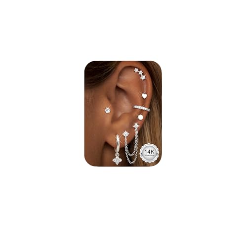 CASSIECA 7 Paar Ohrringe Silber Set, 316L Chirurgenstahl Ohrringe für Damen Medizinische Ohrstecker Creolen mit Ketten für Mehrfachpiercing Ohrringe Hängend Helix Tragus Piercing Ohr Silber von CASSIECA
