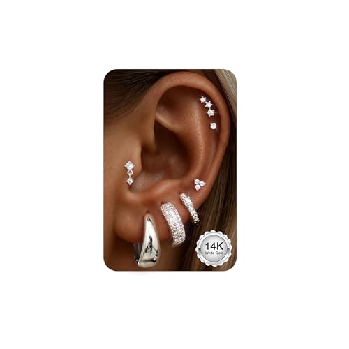 CASSIECA 7Paar Ohrringe Silber Damen Chirurgenstahl Creolen Ohrstecker Set Ohrringe Flacher Verschluss 14K Weißgold Creolen Stecker Damen für Mehrfachpiercing Helix Tragus Piercing Ohr Silber Schmuck von CASSIECA