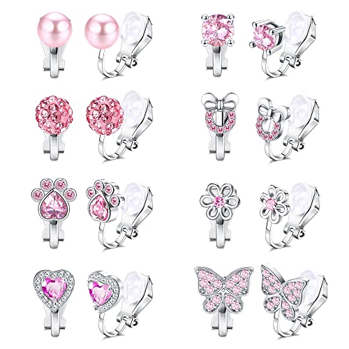 CASSIECA 8 Paar Ohrclips Kinder Mädchen Clip On Ohrringe Ohne Ohrloch Herz Stern Blumen Rosa Hypoallergene Ohrclips für Ohne Ohrlöcher Schmuck für Kinder Mädchen Rosa Ohrringe von CASSIECA