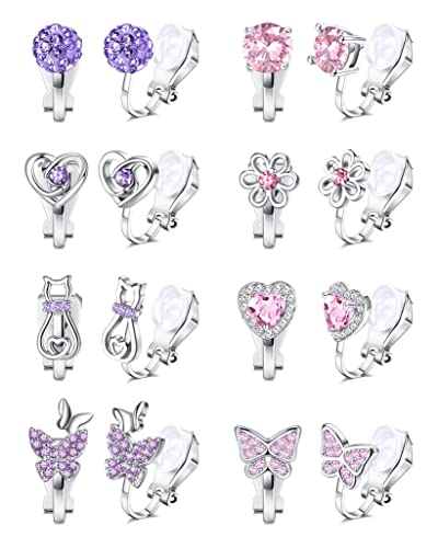 CASSIECA 8 Paare Ohrclips für Mädchen Clip On Ohrring Kinder No Piercings Ohrringe Blumen Schmetterlinge Katzenpfoten Sterne Herz Hypoallergen Ohrringe Zirkon Mädchen Verkleiden Sich Schmuck von CASSIECA