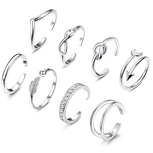 CASSIECA 8 Stücke Silber Offene Ringe Set Verstellbare Finger Ringe Offene Knoten Ringe Verschiedene Stapelbare Gelenkschwanz Ringe Schmuck Ringe für Damen Mädchen von CASSIECA