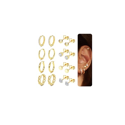 CASSIECA 8 Paar Ohrring Set, Ohrstecker Gold, 316L Chirurgenstahl Medizinische Ohrringe Set Cubic Zirkonia Runde Creolen Hypoallergene Knorpel Huggie Hoop Ohrringe Mehrfach-Piercing Ohr CASSIECA 8 Paar Ohrring Set, Ohrstecker Gold, 316L Chirurgenstahl Medizinische Ohrringe Set Cubic Zirkonia Runde Creolen Hypoallergene Knorpel Huggie Hoop Ohrringe Mehrfach-Piercing Ohr von CASSIECA