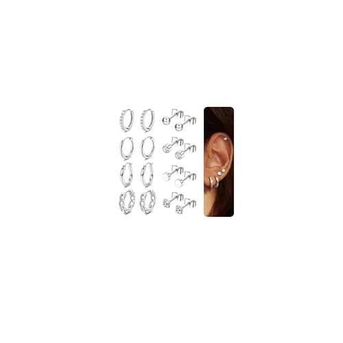 CASSIECA 8 Paar Ohrring Set, Ohrstecker Silber, 316L Chirurgenstahl Medizinische Ohrringe Set Cubic Zirkonia Runde Ohrstecker Hypoallergene Knorpel Huggie Hoop Ohrringe Mehrfach-Piercing Ohr von CASSIECA