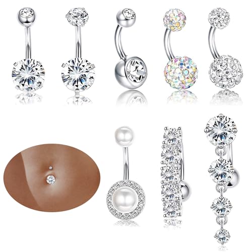 CASSIECA 8stk 14G Bauchnabelpiercing Chirurgenstahl Set Piercing Bauchnabel Bauchpiercing Nabelpiercing Bananabells Stab 10mm Piercing Schmuck Silber für Damen von CASSIECA