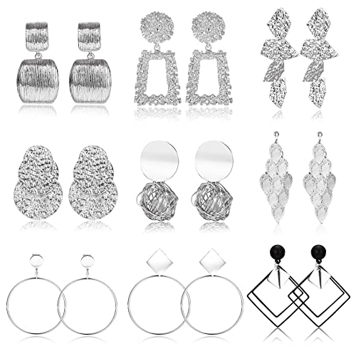 CASSIECA 9 Paar Clip-Ohrringe Set Blatt Rund Trapez Quadratisch Rechteck Goldenes Metall Geometrische Ohrclips für nicht durchdringende Ohrhänger Set von CASSIECA