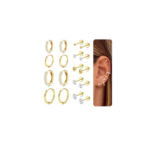 CASSIECA 9 Paar Ohrring Set, Ohrstecker Gold Silber, 316L Chirurgenstahl Medizinische Ohrringe Set Cubic Zirkonia Runde Ohrstecker Hypoallergene Knorpel Huggie Hoop Ohrringe Mehrfach-Piercing Or von CASSIECA