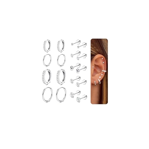 CASSIECA 9 Paar Ohrring Set, Ohrstecker Silber, 316L Chirurgenstahl Medizinische Ohrringe Set Cubic Zirkonia Runde Ohrstecker Hypoallergene Knorpel Huggie Hoop Ohrringe Mehrfach-Piercing von CASSIECA
