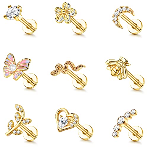 CASSIECA 9 Pcs 16G Helix Ohrringe Damen Chirurgenstahl Ohrringe Piercing Schmetterling Blume Schlange Ohr Piercing Ohrringe Ohrstecker Knorpel Ohrringe Set Helix Tragus Piercing Damen Ohr Schmuck von CASSIECA