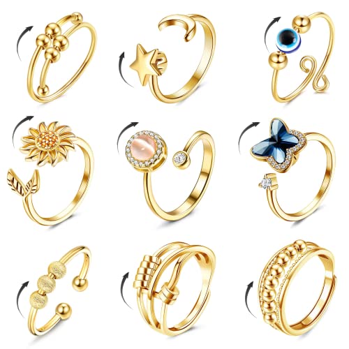 CASSIECA 9 Pcs Angst Spinnerei Ring mit Perlen für Frauen Männer Fidget Ringe für Angst dünne Stapelbar Ringe Stress Entlastungsring Anxiety Zirkonia Blume Offen Spinner Ring Gold CASSIECA 9 Pcs Angst Spinnerei Ring mit Perlen für Frauen Männer Fidget Ringe für Angst dünne Stapelbar Ringe Stress Entlastungsring Anxiety Zirkonia Blume Offen Spinner Ring Gold von CASSIECA