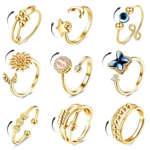 CASSIECA 9 Pcs Angst Spinnerei Ring mit Perlen für Frauen Männer Fidget Ringe für Angst dünne Stapelbar Ringe Stress Entlastungsring Anxiety Zirkonia Blume Offen Spinner Ring Gold von CASSIECA