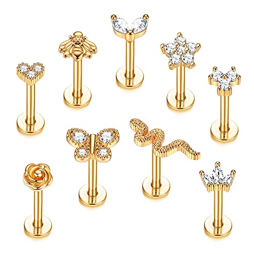 CASSIECA 9 Stück Edelstahl Lippenpiercing Stud Labret Piercing für Frauen Männer 16G CZ Blume Herz Biene Schmetterling Schlange Labret Ohrstecker Knorpel Helix Tragus Ohrringe Lippe Piercing, 6mm 8mm CASSIECA 9 Stück Edelstahl Lippenpiercing Stud Labret Piercing für Frauen Männer 16G CZ Blume Herz Biene Schmetterling Schlange Labret Ohrstecker Knorpel Helix Tragus Ohrringe Lippe Piercing, 6mm 8mm von CASSIECA