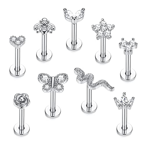 CASSIECA 9 Stück Edelstahl Lippenpiercing Stud Labret Piercing für Frauen Männer 16G CZ Blume Herz Biene Schmetterling Schlange Labret Ohrstecker Knorpel Helix Tragus Ohrringe Lippe Piercing, 6mm 8mm von CASSIECA