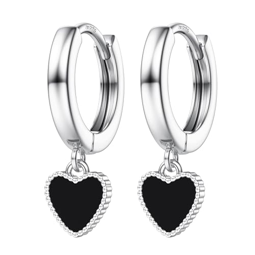 CASSIECA 925 Sterling Silber Creolen Ohrringe für Damen Mädchen Schwarze Herz Anhänger Ohrringe Minimalistische Huggie Ohrringe von CASSIECA