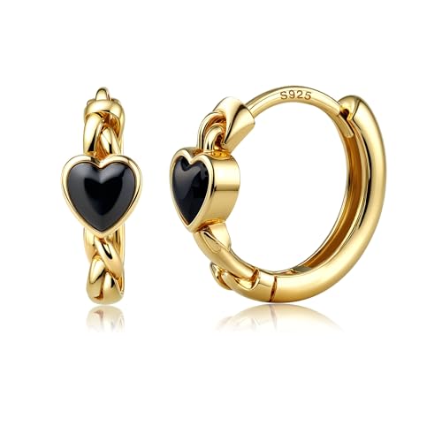 CASSIECA 925 Sterling Silber Creolen Ohrringe für Damen Mädchen Schwarze Herz Ohrringe Minimalistische Huggie Ohrringe von CASSIECA