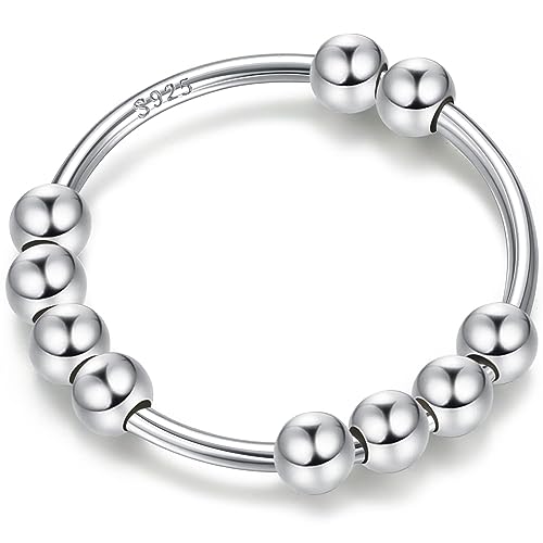 CASSIECA 925 Sterling Silber Fidget Ring für Frauen Männer mit Gefrosteten Perlen Angstringe für Angst Zappeln Stapelring für Angst Stress Band Ring Angstringe Size 4 von CASSIECA