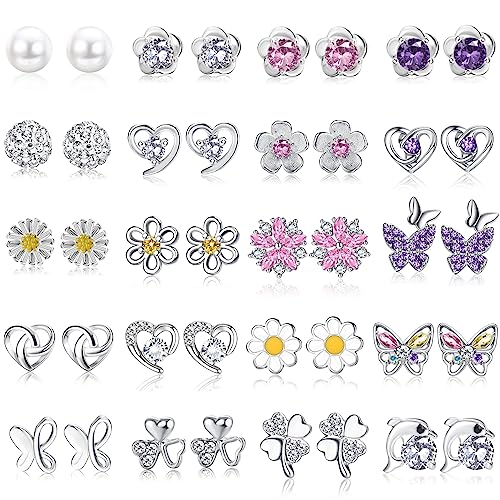 CASSIECA 20 Paar Silber Ohrringe Kinder Ohrringe Silber 925 Mädchen Kleine Sterling Silber Ohrstecker Set für Damen Mädchen Zirkonia Ohrring Perle Kristall Runde Herzform CZ Blume von CASSIECA