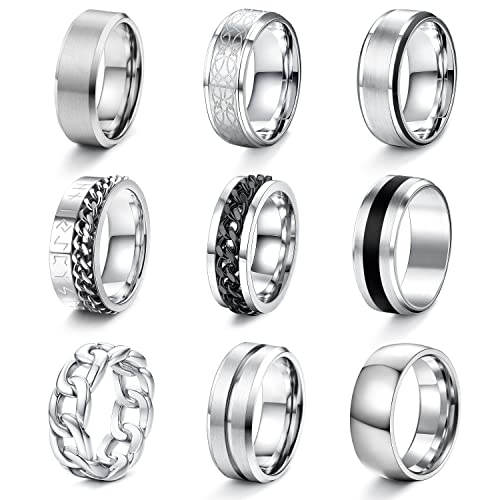 CASSIECA 9 Stück Ring Herren Silber Fidget Spinner Anti Angst Ringe Band Ketten Ringe Silber Schwarze Ehering Verlobungsringe Zappel Ring Geburtstag Geschenke für Herren Größe 62 von CASSIECA