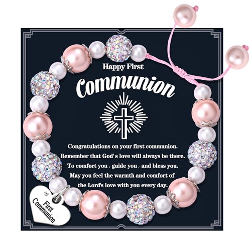 CASSIECA Armband Mädchen Kommunion Geschenke für Mädchen Erstkommunion Geschenke Mädchen Herz Perlen Armbänder Mädchen Kommunion Armband Geschenk zur Kommunion mit Geschenkkarte & Box von CASSIECA