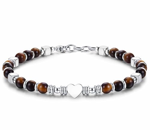 CASSIECA Boho Armband Damen Natürliches Steine Armbänder für Frauen 316L Edelstahl Herz Armband Einstellbare Tigerauge Armband Weihnachten Geburtstag Geschenke Frauen Schmuck mit Geschenk-Box von CASSIECA