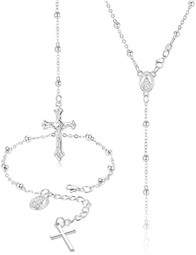 CASSIECA Damen Silberkette 925 Sterling Silber Rosenkranz Halskette Armband Religiöser Schmuck Set Kreuz Kette Maria Madonna Kreuzkette Anhänger Gliederkette Y Kette von CASSIECA
