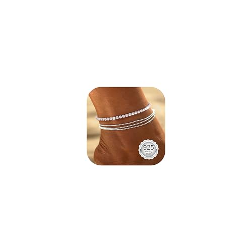 CASSIECA Fußkette Damen Silber 925, Fussketten für Frauen Einstellbar Geschichtet Perlen Tennis Wasserdicht Fußkettchen Damen Geschichtetes Herz Perlen Tennis Fußkettchen Fußschmuck Silber von CASSIECA