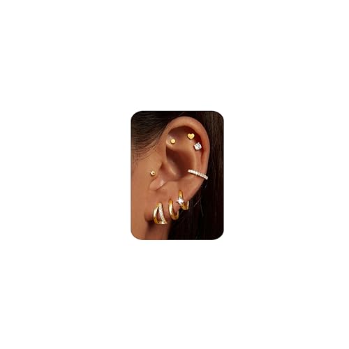 CASSIECA 8 Paar Ohrringe Gold, 316L Chirurgenstahl Ohrringe für Damen Herren Medizinische Ohrstecker und Creolen für Mehrfachpiercing 14K Vergoldet Helix Tragus Piercing Ohr Gold von CASSIECA