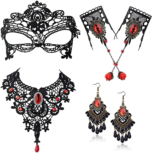 CASSIECA Halloween Kostüme Schmuck Schwarzes Halsband Spitze Halskette Set für Frauen Maske Armband und Ohrringe Halloween Hochzeitsdekoration Punk Party Gothic Vintage Handgemachtes Armband von CASSIECA