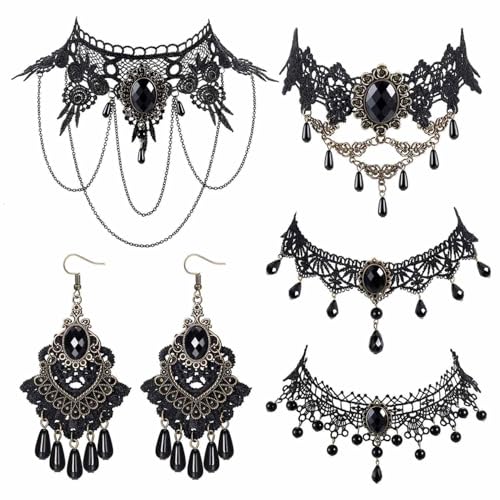 CASSIECA 5Pcs Halloween Schmuck Damen Halloween Accessoires Damen Gothic Spitze Halskette Cosplay Ohrringe Halloween Dekorationen Steampunk Vintage Vampir Kostüm Zubehör Maskerade von CASSIECA