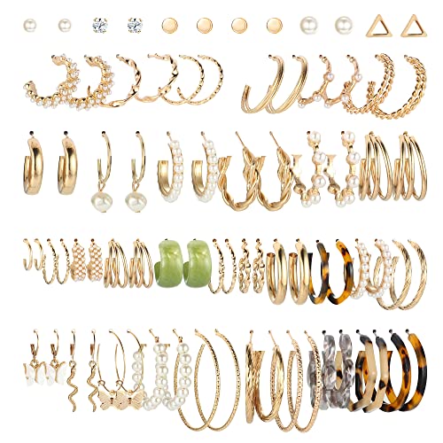 CASSIECA 38 Paar Gold Perlen Ohrringe Set für Damen Mädchen Mode Kettenglied Creolen Ohrstecker Tropfen Ohrringe Boho Statement Acryl Creolen Hypoallergen Ohrringe Geburtstagsfeier Schmuck Geschenk von CASSIECA