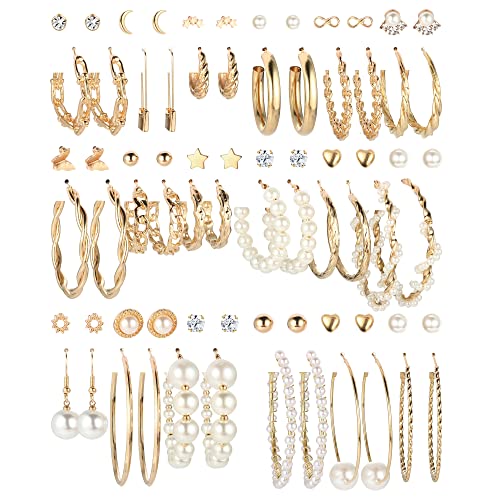 CASSIECA 36 Paar Gold Perlen, Legierung, Ohrringe Set für Damen Mädchen Mode Kettenglied Ohrstecker Tropfen, Boho Statement Acryl Creolen Hypoallergen Geburtstagsfeier Schmuck Geschenk von CASSIECA