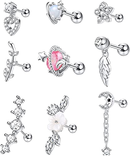 CASSIECA 9 Stück 16G Piercing Ohr Set Silber Helix Tragus Piercing Ohrringe für Frauen Chirurgenstahl Ohrringe Piercing Schmetterling Blume Ohr Piercing Ohrringe Ohrstecker Knorpel Ohrringe von CASSIECA