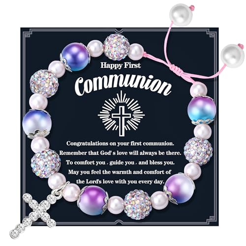 CASSIECA Kommunion Geschenke für Mädchen Erstkommunion Geschenke Mädchen Kreuz Lila Perlen Armbänder Mädchen Kommunion Armband Geschenk zur Kommunion für Mädchen mit Geschenkkarte & Box von CASSIECA