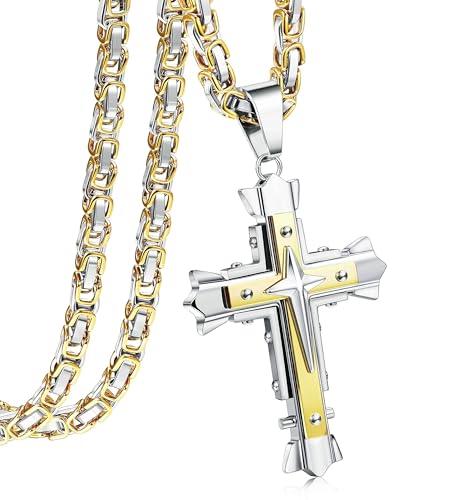 CASSIECA Kreuz Kette Herren Edelstahl Byzantinische Ketten Kreuz Anhänger für Jungs Herren Kreuz Halskette für Herren Jesus Kreuz Kette mit Königskette Gold 61cm von CASSIECA